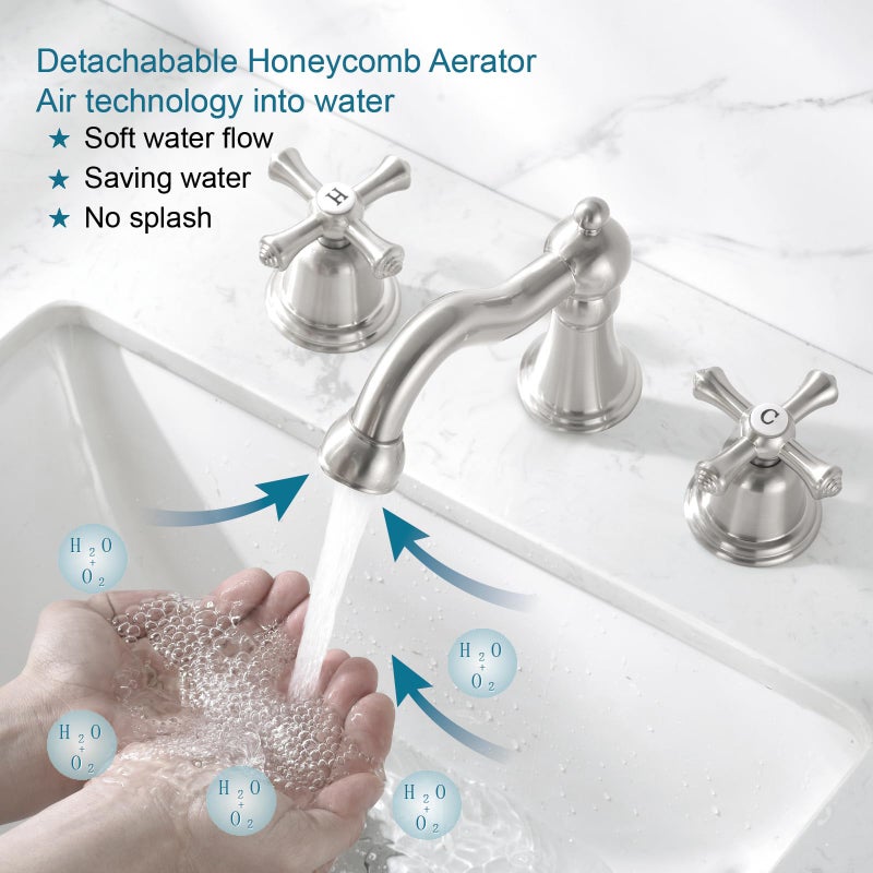 RKF Bathroom Faucets for Sink 3 Hole Brushed Nickel 8 inch Widespread Bathroom Sink Faucet with Drain 2 Handles Cross Knobs Faucet Bathroom Vanity Faucet Basin Mixer Tap CWF033-GBN - Image 2